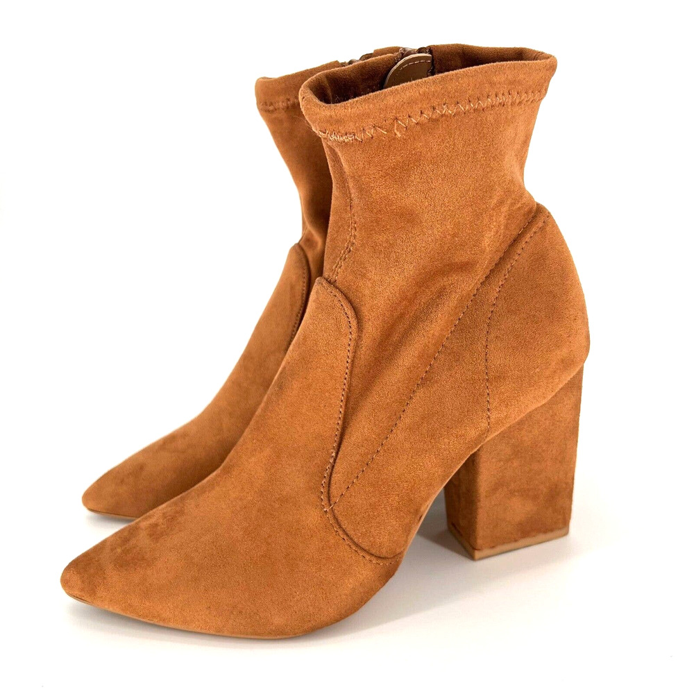 Express Ankle Sock Bootie Pointed Toe Faux Suede Heeled Boot Brown Size 6